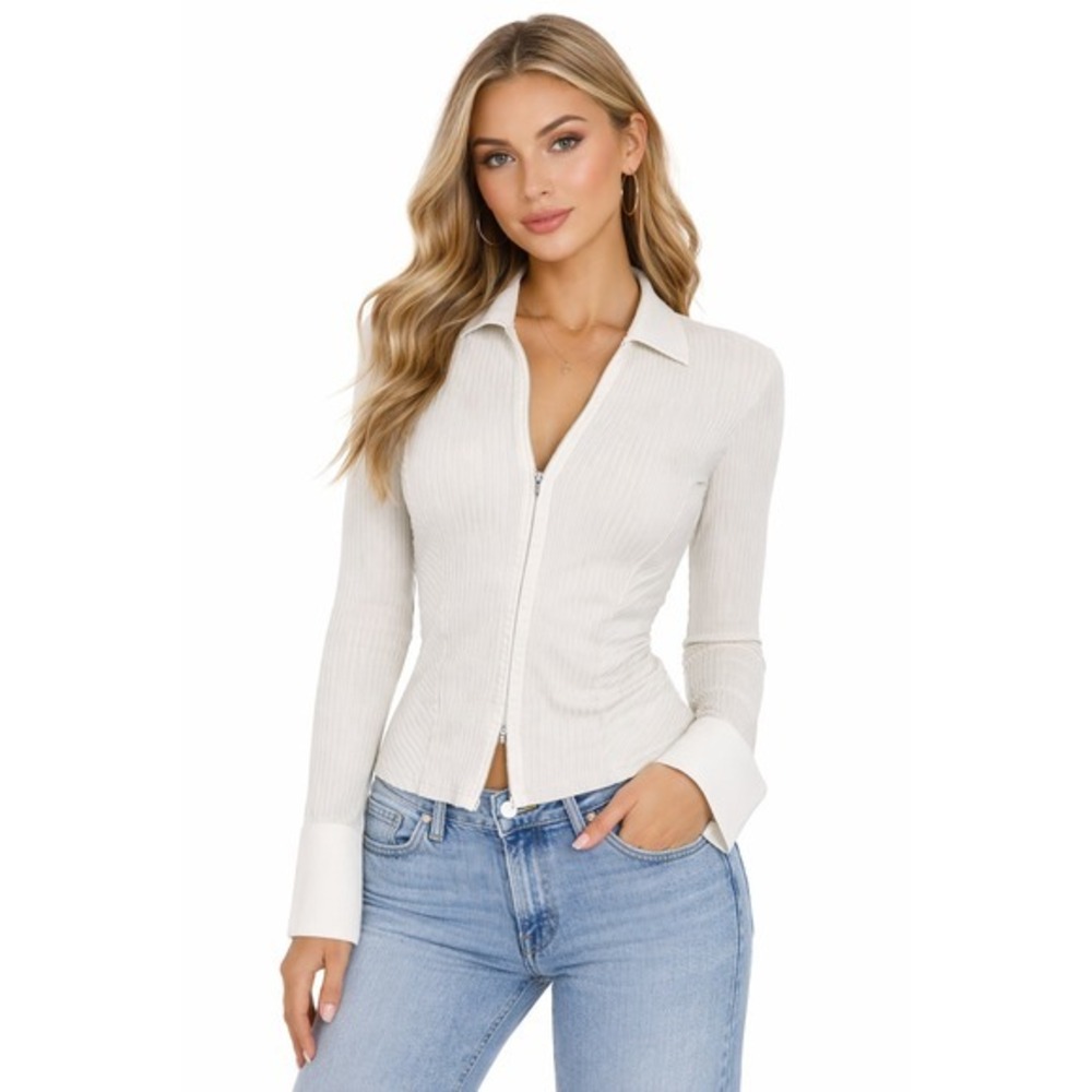 Nara Camicie‎ Ribbed Zip Front Blouse Womens Size II White
